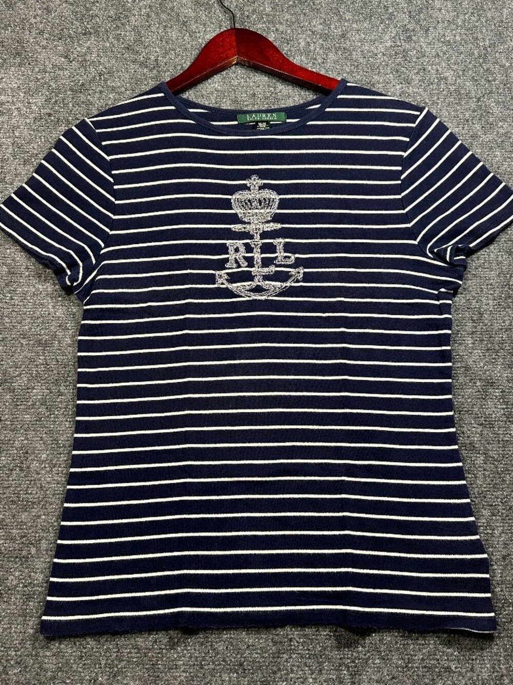 Lauren Ralph Lauren Top Womens Medium Blue White Stripe Cotton Short Sleeve Tee